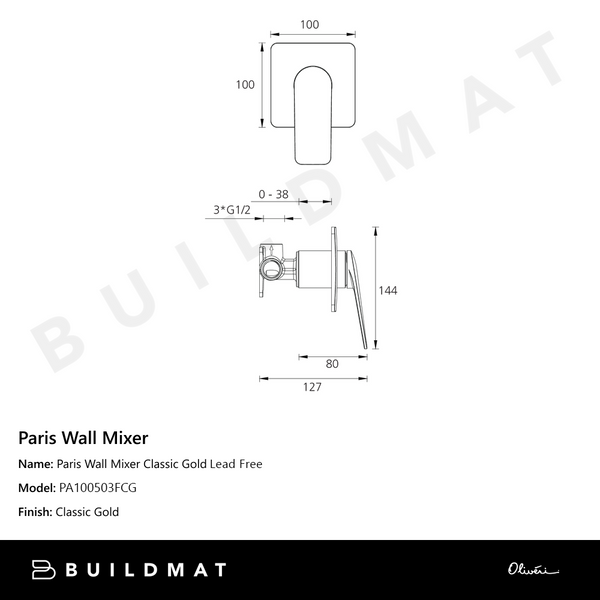 Oliveri Paris Wall Mixer Classic Gold Lead Free