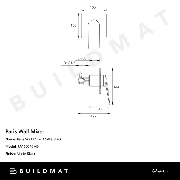 Oliveri Paris Wall Mixer Matte Black