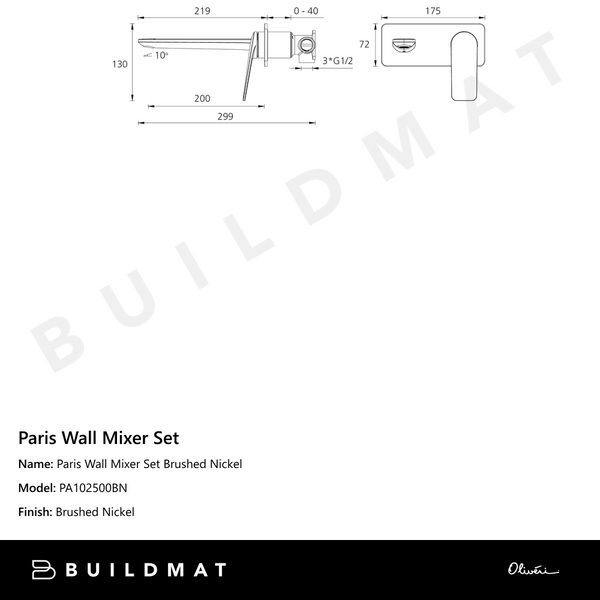 Oliveri Paris Wall Mixer Set Brushed Nickel