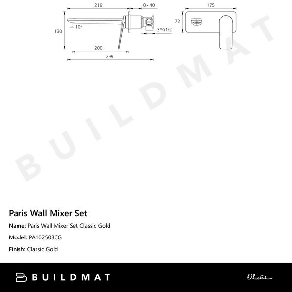 Oliveri Paris Wall Mixer Set Classic Gold
