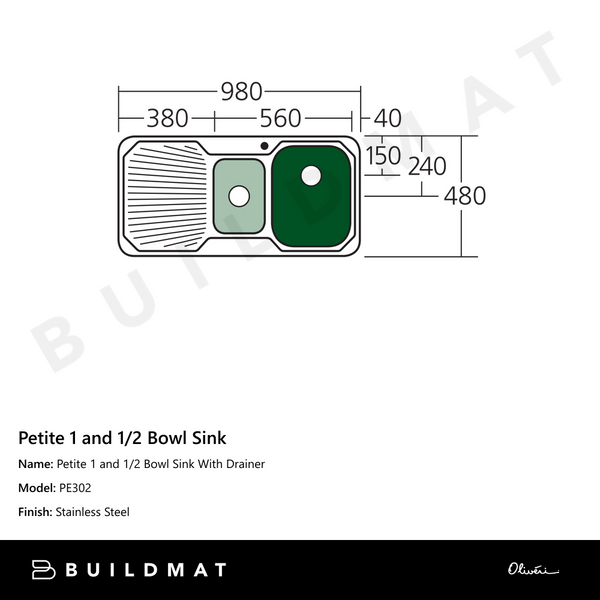 Oliveri Petite 1 And 1/2 Bowl Sink With Left Drainboard Stainless Steel