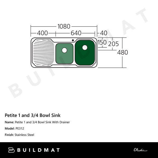 Oliveri Petite 1 And 3/4 Bowl Sink With Left Drainboard Stainless Steel