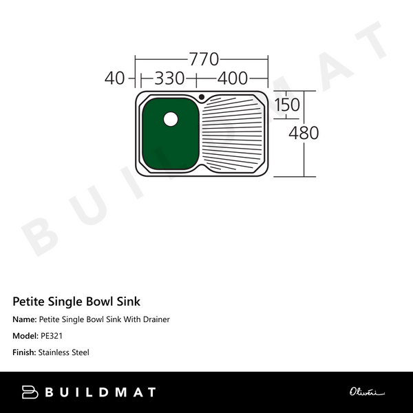 Oliveri Petite Single Bowl Sink With Right Drainboard Stainless Steel
