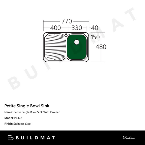 Oliveri Petite Single Bowl Sink With Left Drainboard Stainless Steel
