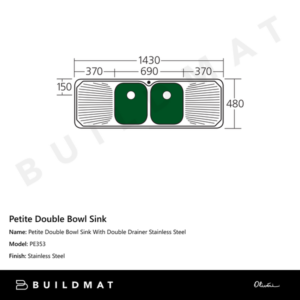 Oliveri Petite Double Bowl Sink With Double Drainer Stainless Steel