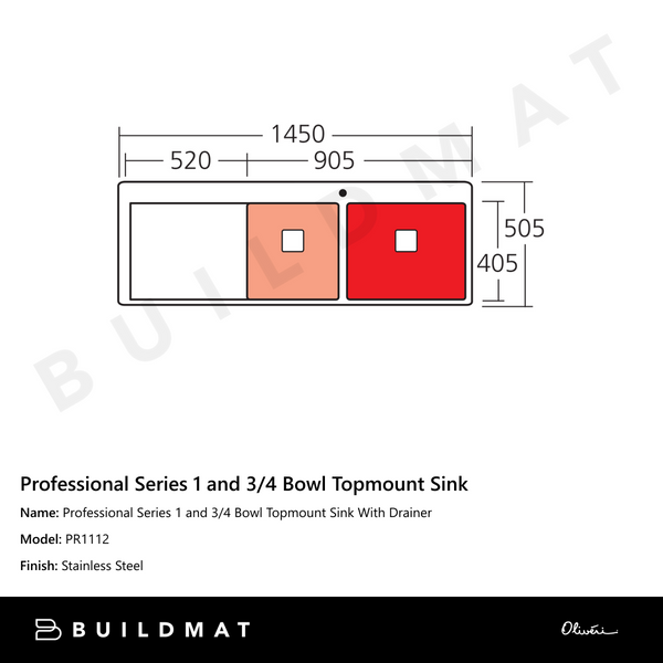 Oliveri Professional Series 1 And 3/4 Bowl Topmount Sink With Left Drainboard Stainless Steel