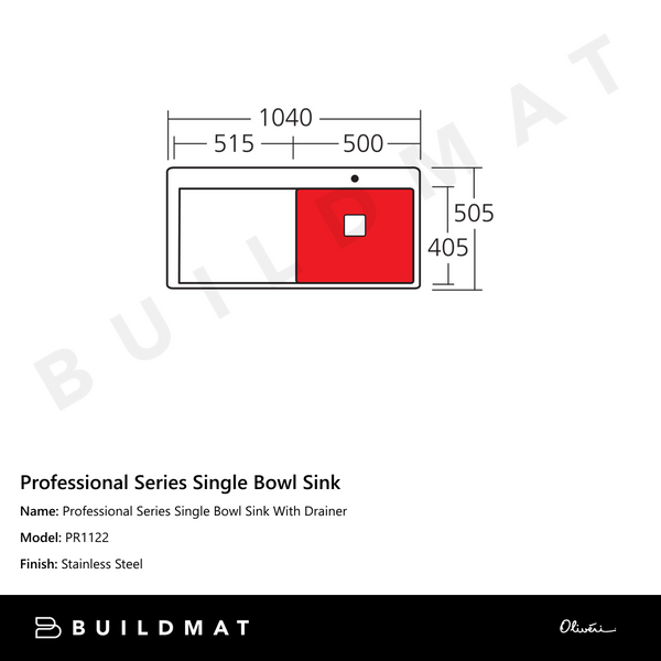 Oliveri Professional Series Single Bowl Sink With Left Drainboard Stainless Steel