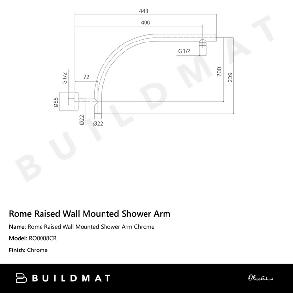 Oliveri Rome Raised Wall Mounted Shower Arm Chrome
