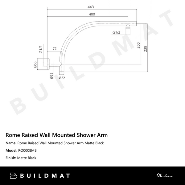 Oliveri Rome Raised Wall Mounted Shower Arm Matte Black