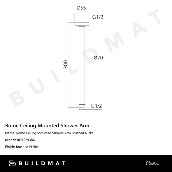 Oliveri Rome Ceiling Mounted Shower Arm Brushed Nickel