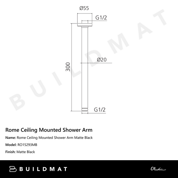 Oliveri Rome Ceiling Mounted Shower Arm Matte Black