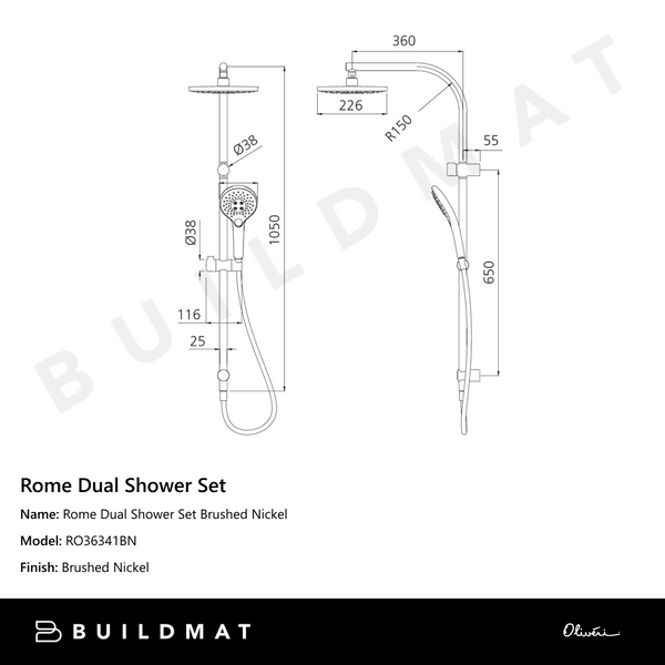 Oliveri Rome Dual Shower Set Brushed Nickel