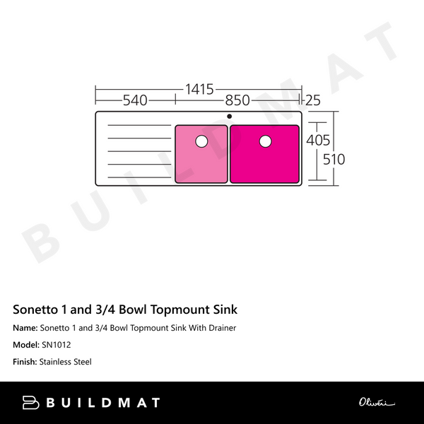 Oliveri Sonetto 1 And 3/4 Bowl Topmount Sink With Left Drainboard Stainless Steel
