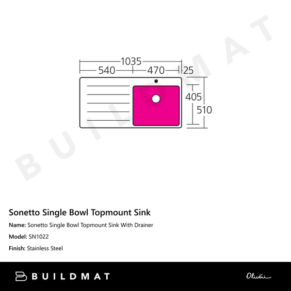 Oliveri Sonetto Single Bowl Topmount Sink With Left Drainboard Stainless Steel
