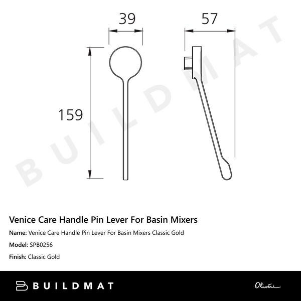 Oliveri Venice Care Handle Pin Lever For Basin Mixers Classic Gold