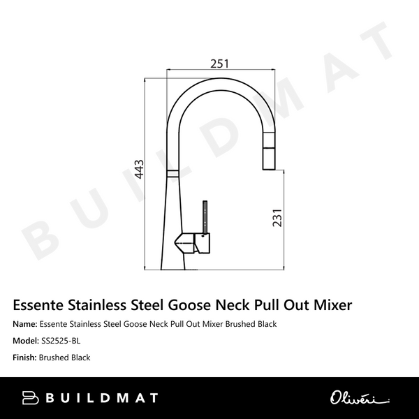 Oliveri Essente Stainless Steel Goose Neck Pull Out Mixer Brushed Black