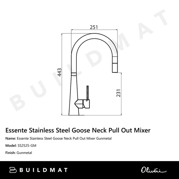 Oliveri Essente Stainless Steel Goose Neck Pull Out Mixer Gunmetal