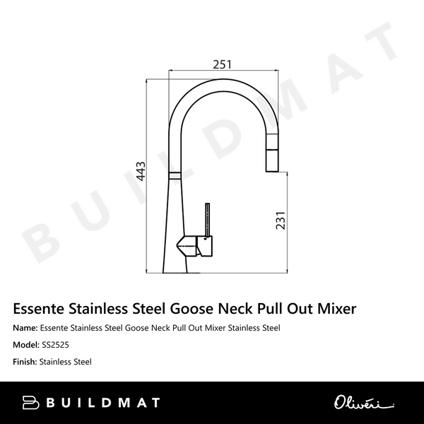 Oliveri Essente Stainless Steel Goose Neck Pull Out Mixer Stainless Steel