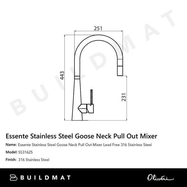 Oliveri Essente 316 Stainless Steel Goose Neck Pull Out Mixer Lead Free