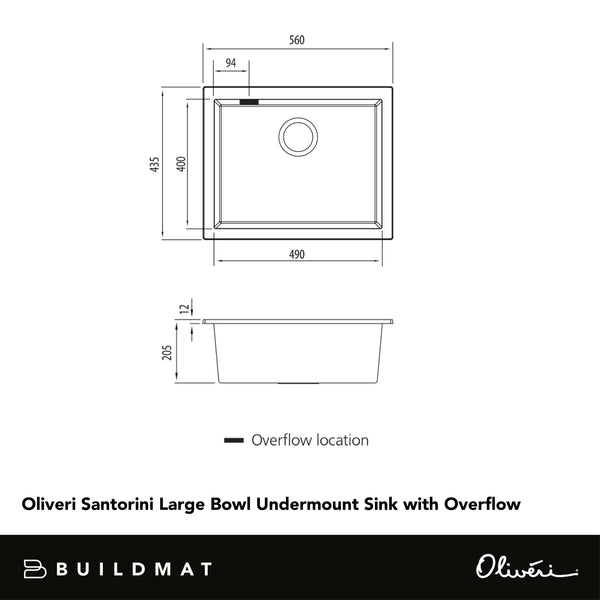 Oliveri Santorini Large Bowl Undermount Sink with Overflow Black