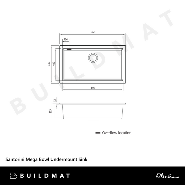 Oliveri Santorini Mega Bowl Undermount Sink with Overflow Black