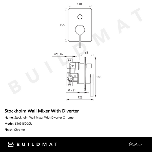 Oliveri Stockholm Wall Mixer With Diverter Chrome