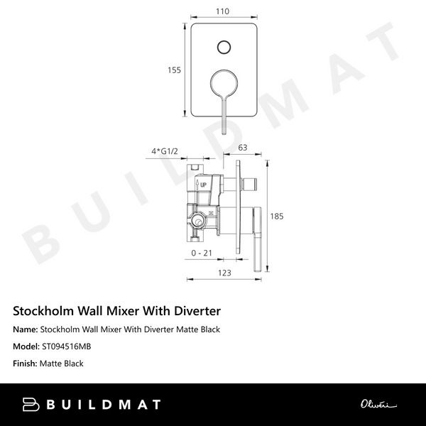 Oliveri Stockholm Wall Mixer With Diverter Matte Black