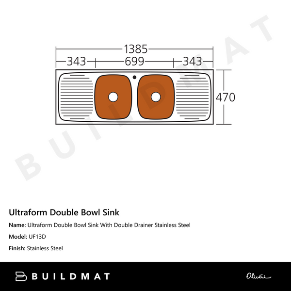 Oliveri Ultraform Double Bowl Sink With Double Drainer Stainless Steel