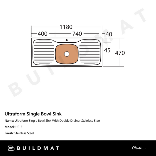 Oliveri Ultraform Single Bowl Sink With Double Drainer Stainless Steel