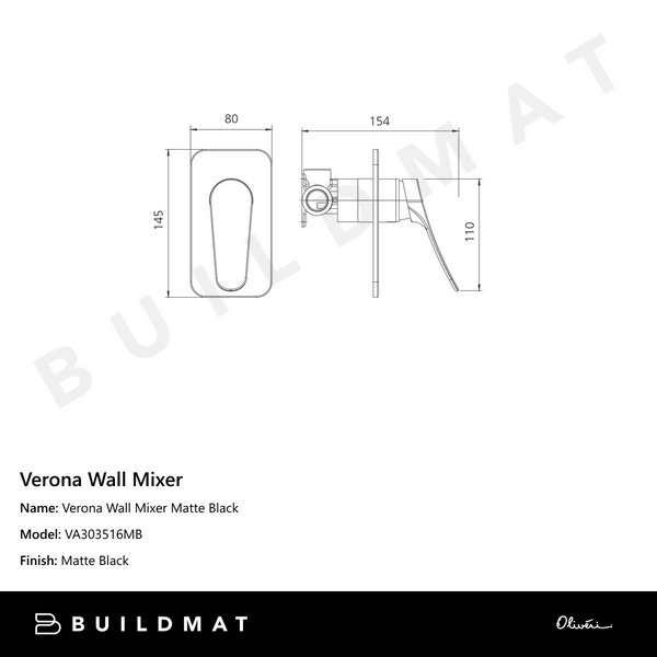 Oliveri Verona Wall Mixer (Trim Kit Only) Matte Black