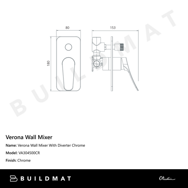 Oliveri Verona Wall Mixer With Diverter (Trim Kit Only) Chrome