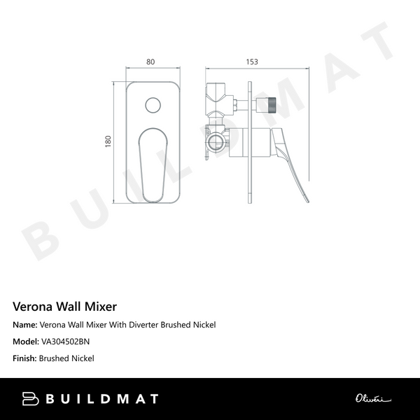 Oliveri Verona Wall Mixer With Diverter (Trim Kit Only) Brushed Nickel