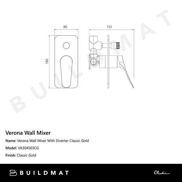 Oliveri Verona Wall Mixer With Diverter (Trim Kit Only) Classic Gold