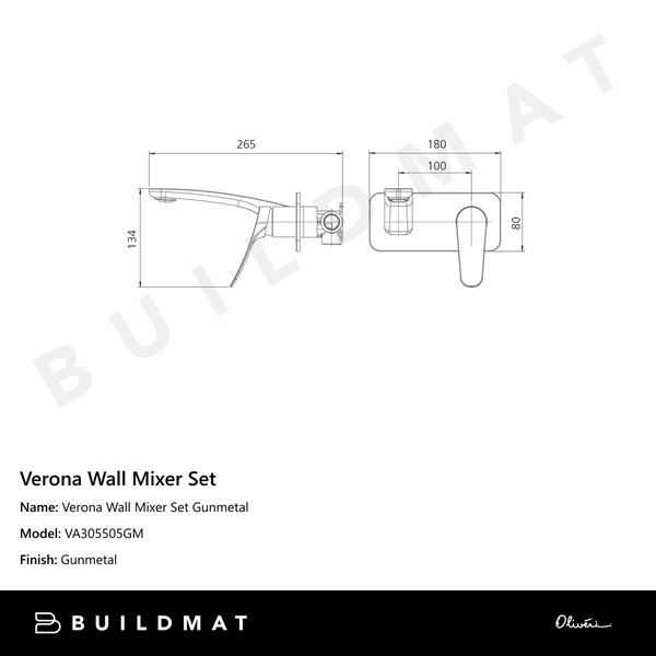 Oliveri Verona Wall Mixer Set (Trim Kit Only) Gunmetal
