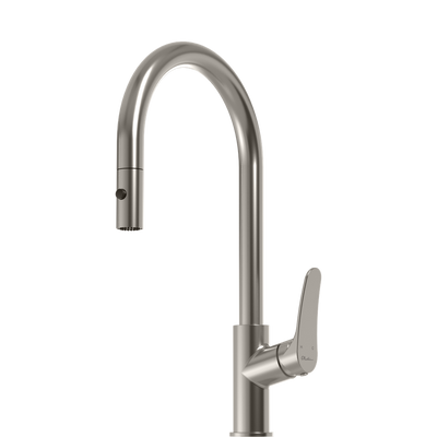 Oliveri Verona Pull Out Gooseneck Spray Mixer Brushed Nickel Lead Free