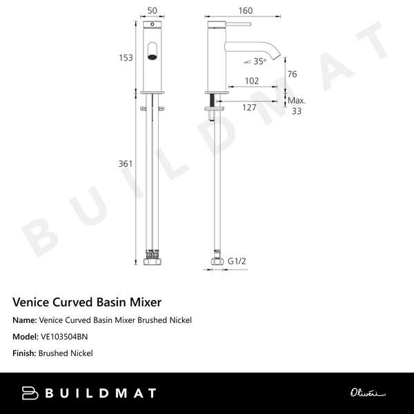 Oliveri Venice Curved Basin Mixer Brushed Nickel