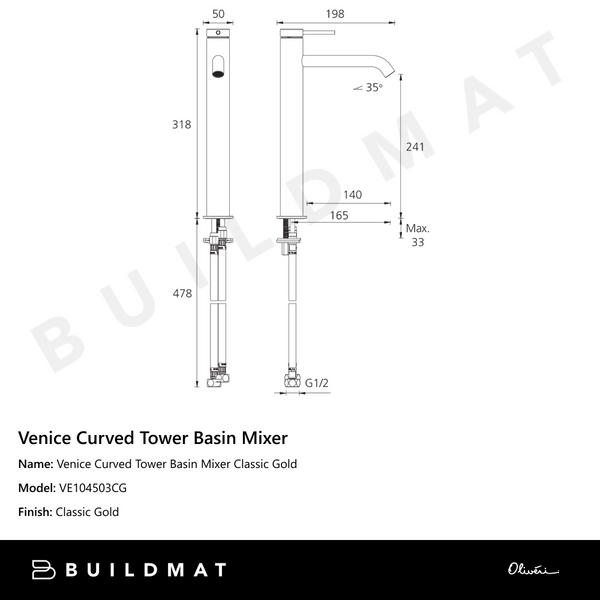 Oliveri Venice Curved Tower Basin Mixer Classic Gold