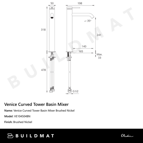 Oliveri Venice Curved Tower Basin Mixer Brushed Nickel