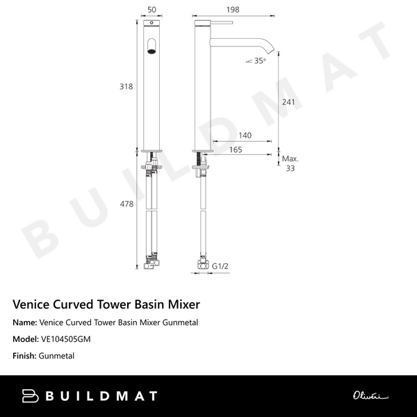 Oliveri Venice Curved Tower Basin Mixer Gunmetal