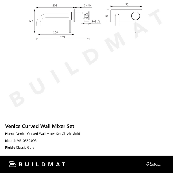Oliveri Venice Curved Wall Mixer Set Classic Gold