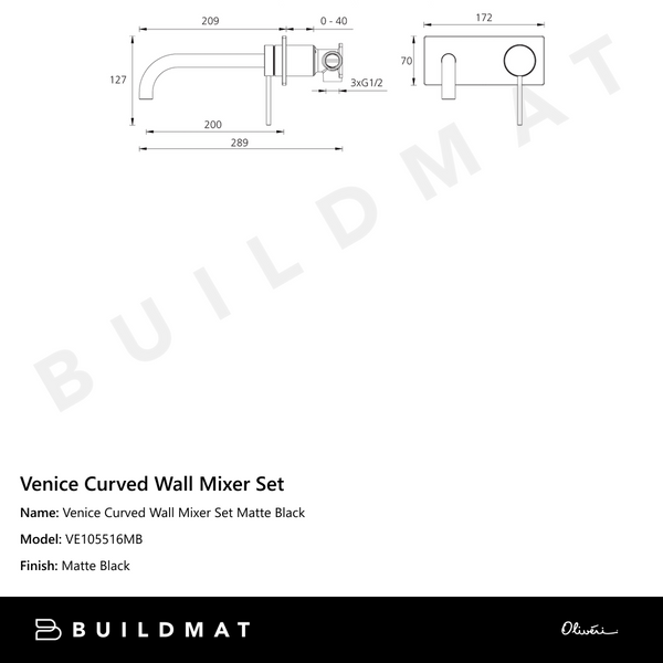 Oliveri Venice Curved Wall Mixer Set Matte Black