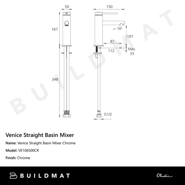 Oliveri Venice Straight Basin Mixer Chrome
