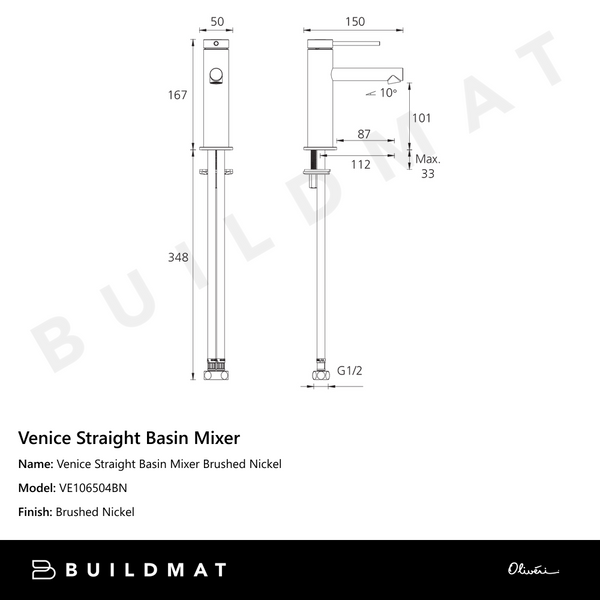 Oliveri Venice Straight Basin Mixer Brushed Nickel