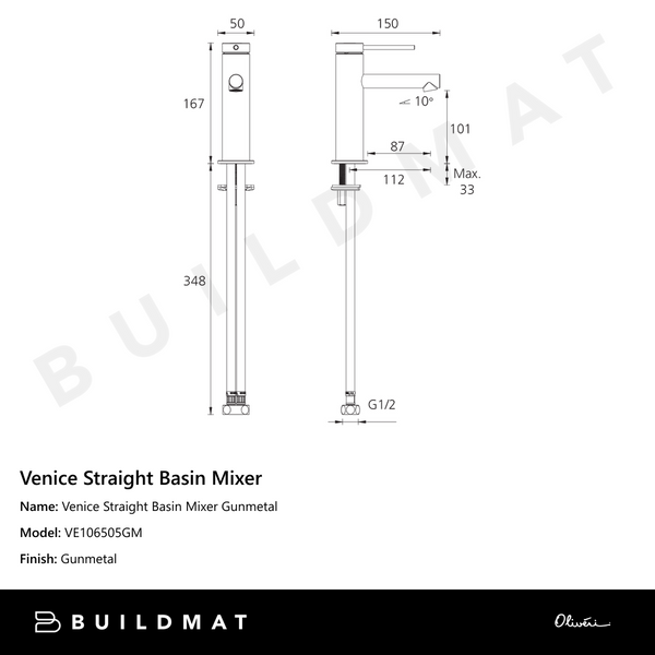Oliveri Venice Straight Basin Mixer Gunmetal