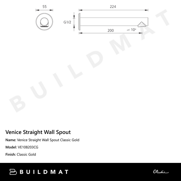 Oliveri Venice Straight Wall Spout Classic Gold