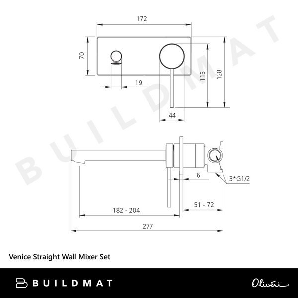 Oliveri Venice Straight Wall Mixer Set Complete Kit Matte Black Lead Free