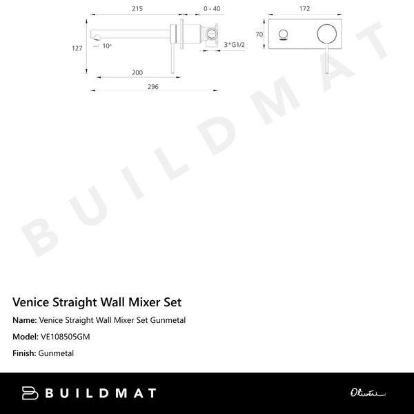Oliveri Venice Straight Wall Mixer Set Gunmetal
