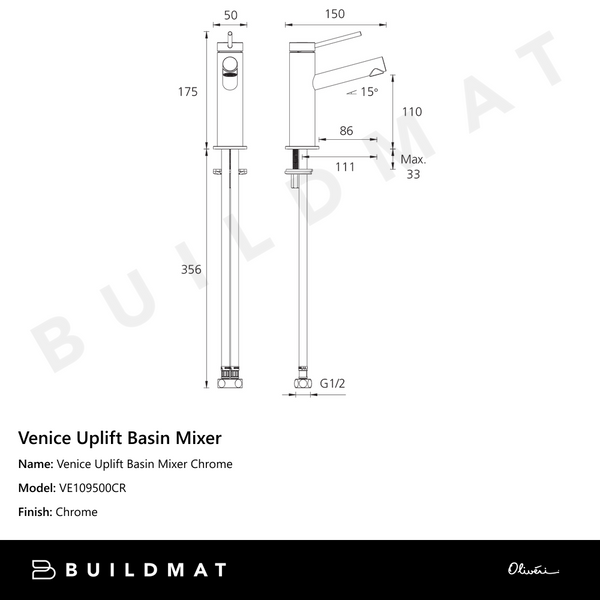 Oliveri Venice Uplift Basin Mixer Chrome
