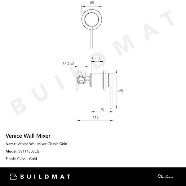 Oliveri Venice Wall Mixer Classic Gold