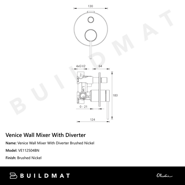 Oliveri Venice Wall Mixer With Diverter Brushed Nickel